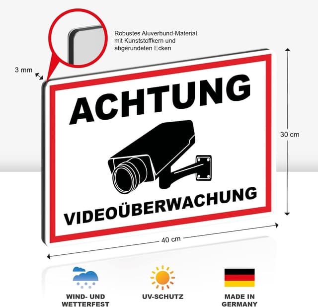 Detalle de STROBO 2x XXL „Achtung Videoüberwachung“-Schild (40 x 30 cm) aus Alu-Dibond, 3 mm