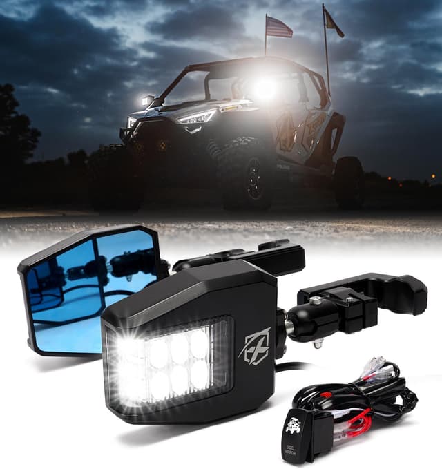 Detalle de Xprite UTV Classic Aluminum Side View Mirrors with LED Spot Lights (Clear Lens, for 1.75–2" Roll Cages)