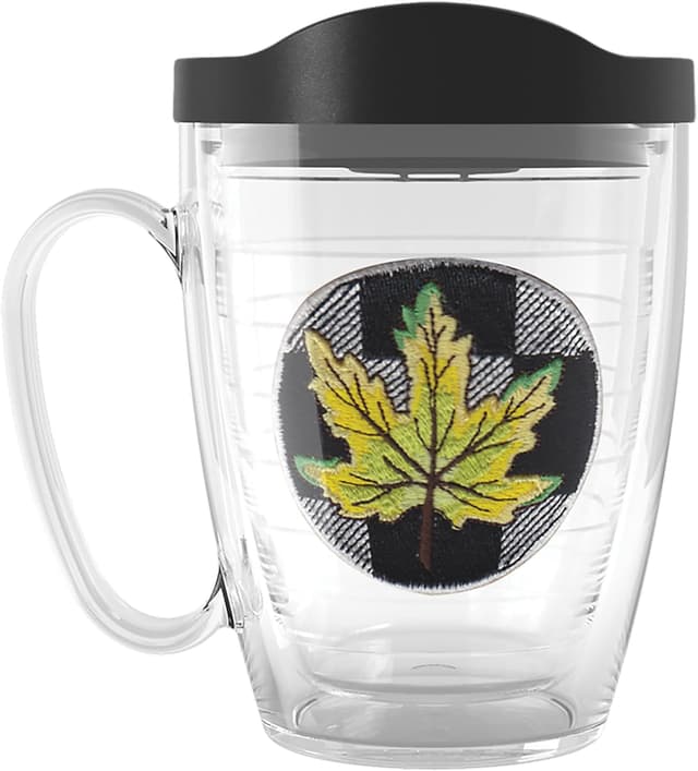 Detalle de Tervis Checkerboard Fall Leaf Yellow 16oz Double-Walled Insulated Tumbler with Handle (Made in USA)