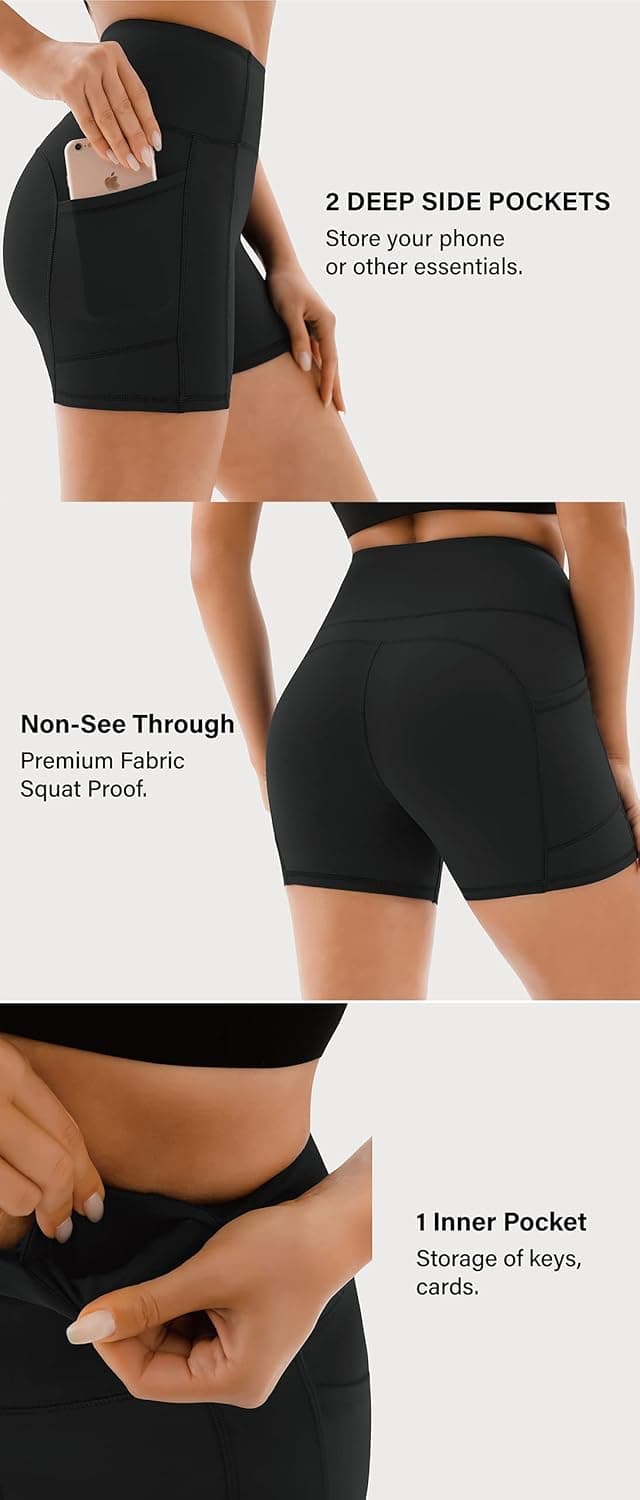 Detalle de JOYSPELS women’s gym shorts with pockets — high waist, 4-way stretch activewear