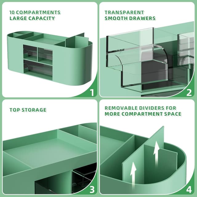 Detalle de Marbrasse Organizer Scrivania con 3 Cassetti e 7 Scomparti (Verde) per cancelleria e accessori