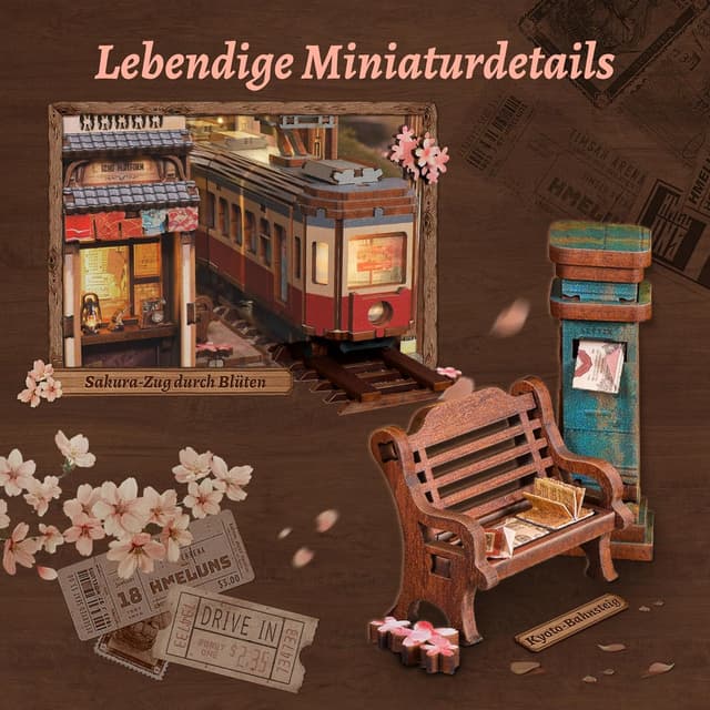 Detalle 2 de FUNPOLA Sakura Train Book Nook Kit – LED 3D Holzpuzzle mit Infinity-Spiegel (DIY-Bücherregal-Deko)