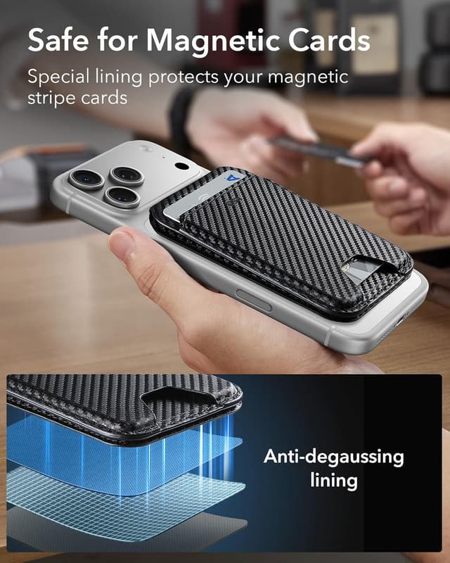 Thumbnail 6 de ESR portafoglio per MagSafe con blocco RFID, supporto regolabile e spazio per 5 carte (fibra di carbonio nera)