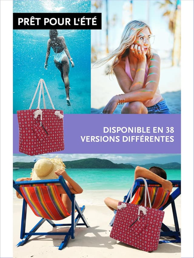 Detalle de DonDon Grand sac de plage imperméable avec fermeture éclair et bandoulière