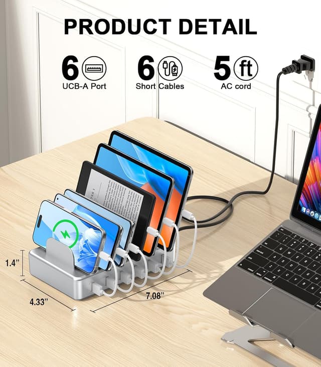 Detalle de CREATIVE DESIGN 6 Port Charging Station (50W) with 6 Short Cables, Silver