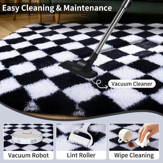 Detalle de FVVRAX Checkered Fluffy Rug (200x300cm) in Black & White