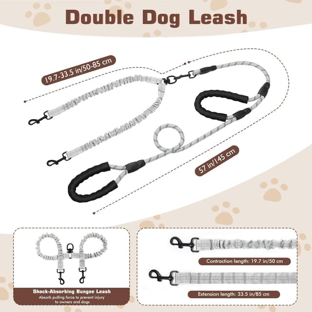 Detalle 2 de Tivray Double Dog Leash with 360° Swivel & Bungee Shock Absorbing Handles for Two Medium or Large Dogs