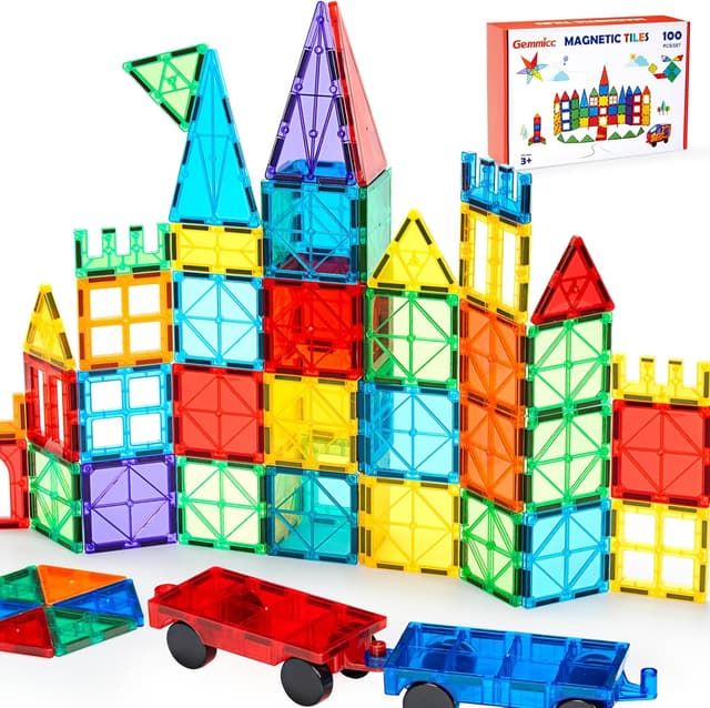 Detalle de Gemmicc Magnetic Tiles 100 PCS with 2 Cars (STEM Approved Magnet Building Set)