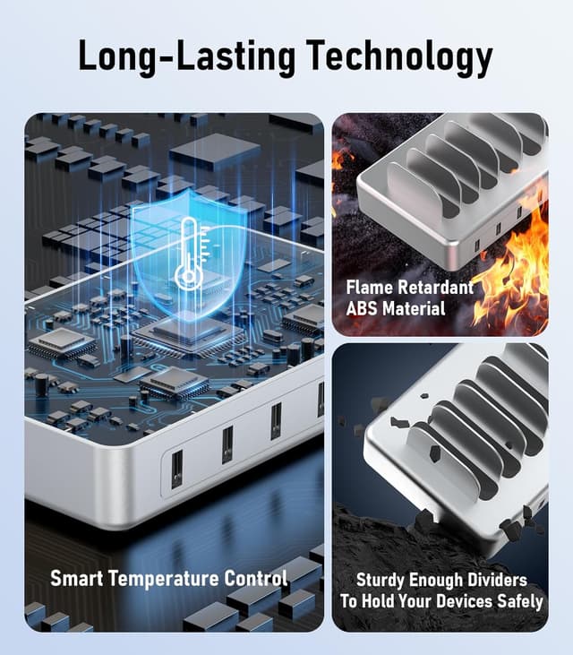 Detalle de CREATIVE DESIGN 6 Port Charging Station (50W) with 6 Short Cables, Silver