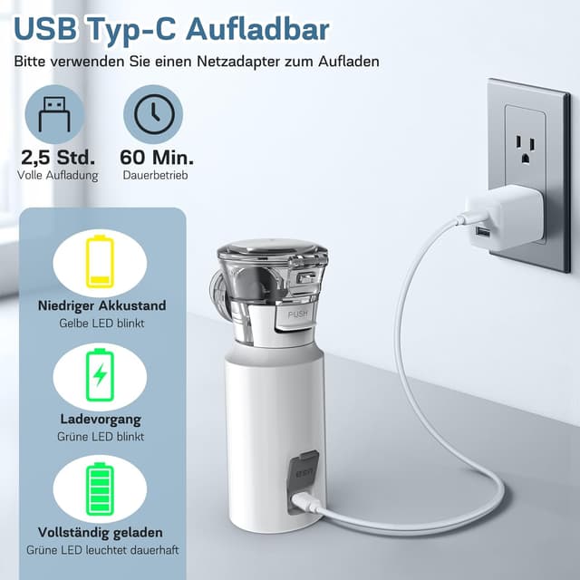 Detalle de Tragbares Nigecue Inhalationsgerät (Vernebler-Set) mit Mundstück, 2 Masken und USB-C Akku