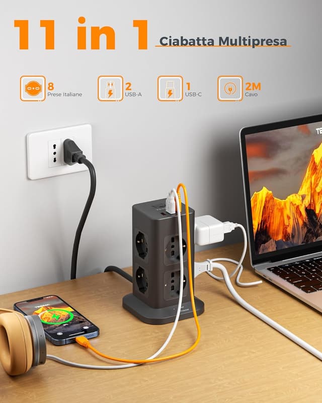Detalle 2 de TESSAN Ciabatta multipresa verticale con USB 20W, 8 prese IT e protezione da sovratensione (2 m)