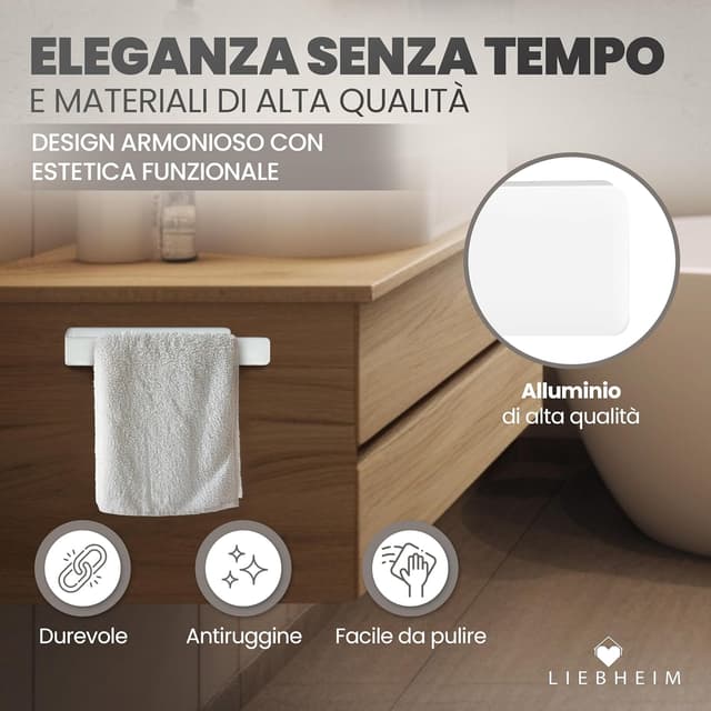 Detalle de LIEBHEIM Porta Asciugamani adesivo da parete in alluminio bianco (22 cm) – senza forare