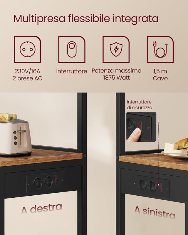 Detalle 2 de VASAGLE KKS013KD02 Scaffale da cucina con multipresa, 4 ripiani e 8 ganci a S (40 x 45 x 140 cm)