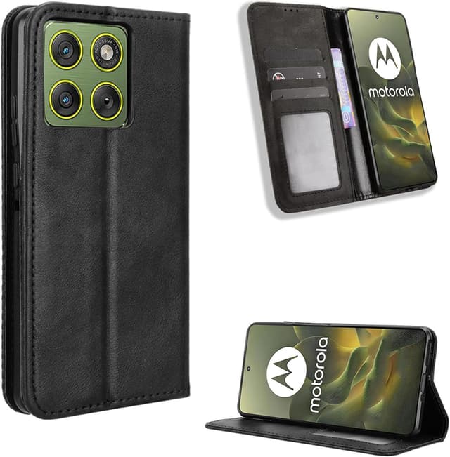 Detalle de Fitudoos Handyhülle aus Leder für Motorola Edge 70 – Klapphülle mit Kartenfächern, Magnetverschluss & Standfunktion (Schwarz)