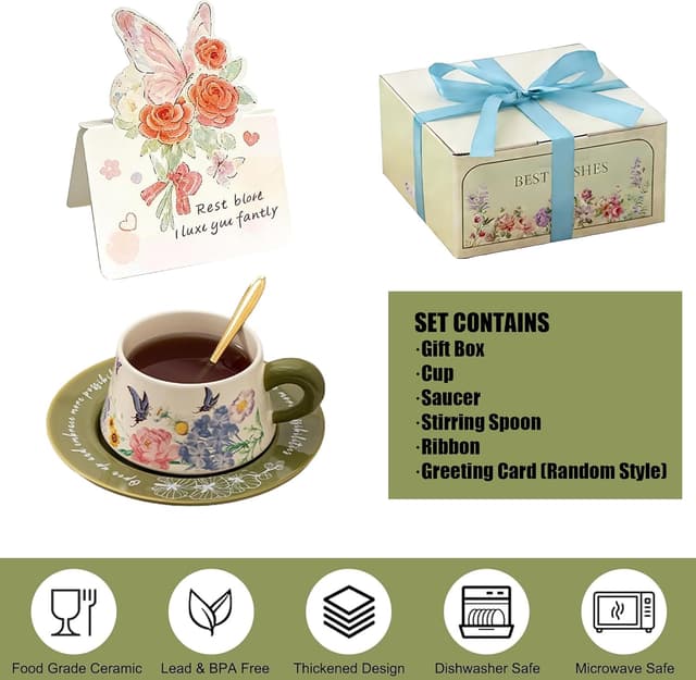 Detalle 2 de ENSFTF coffee cup and saucer set (300ml) with green butterfly & flower pattern