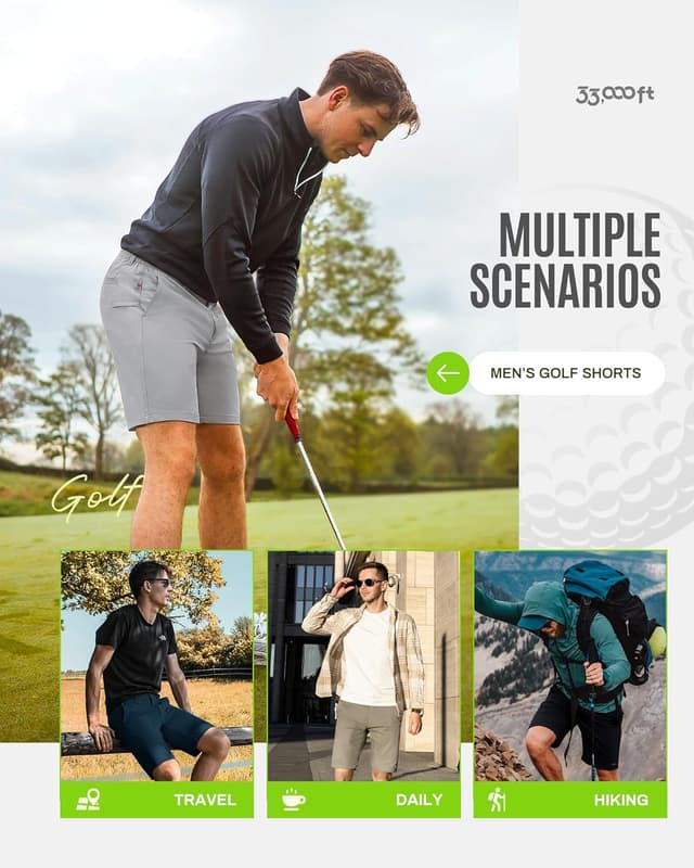 Detalle 2 de 33,000ft Men’s 9" Dry Fit Stretch Golf Shorts with UPF 50+ and Pockets