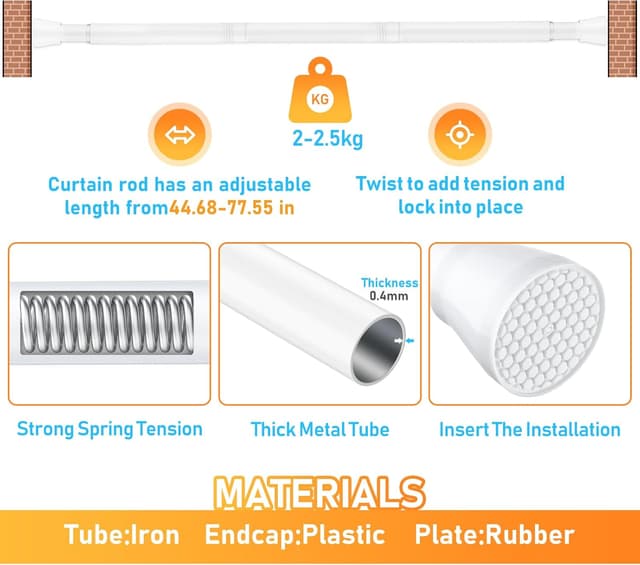 Detalle de MEXAU Adjustable Shower Curtain Rod (45–77 inch) — White Tension Rod, No-Drill Fit