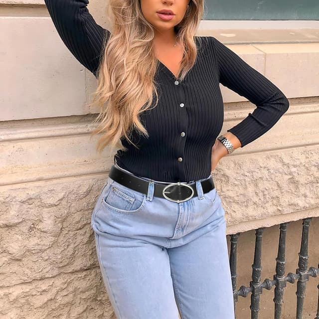 Detalle de VONMELLI women’s PU leather jeans belt with oval silver or gold-tone buckle