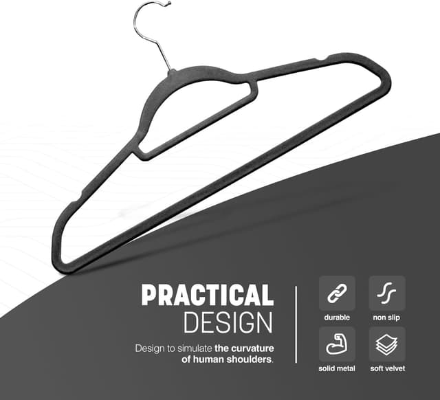 Detalle de KEPLIN Velvet Hangers 30 Pack (Black) – Non-slip clothes hangers with tie bar & 360° hook