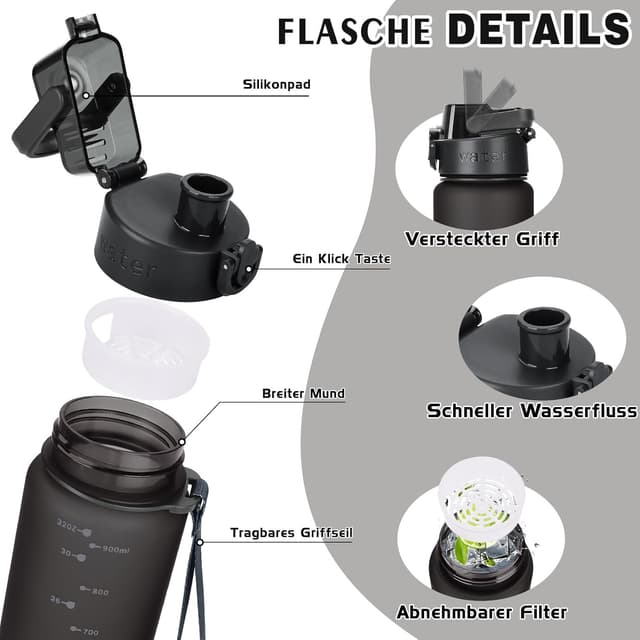 Detalle de AOPREL Trinkflasche 1 l aus Tritan (BPA-frei) mit Filter und Bürste – auslaufsicher für Sport, Wandern & Alltag