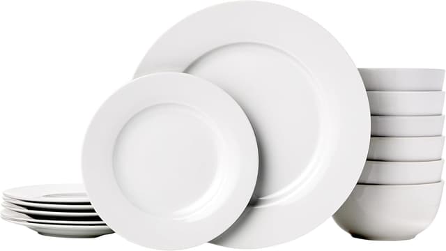 Detalle de Amazon Basics Porcelain Dinnerware Set (Service for 6), Microwave & Dishwasher Safe, White, 18-Piece
