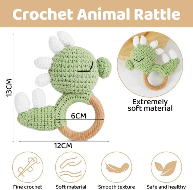 Detalle 2 de Vicloon Wooden Baby Rattle (Dinosaur) – Beech wood ring & crochet sensory toy for 0–12 months