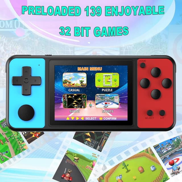 Detalle 2 de KAVOYI 32-Bit Handheld Games for Kids (139 Built-In Games) 3.0" IPS Rechargeable Portable Arcade Player