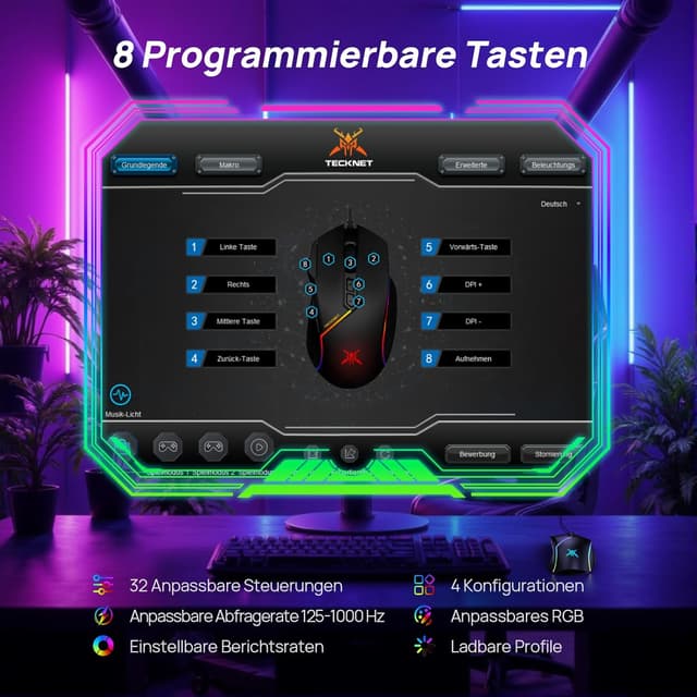 Detalle de TECKNET kabelgebundene Gaming-Maus (12800 DPI, 8 programmierbare Tasten, 13 RGB) für Rechtshänder
