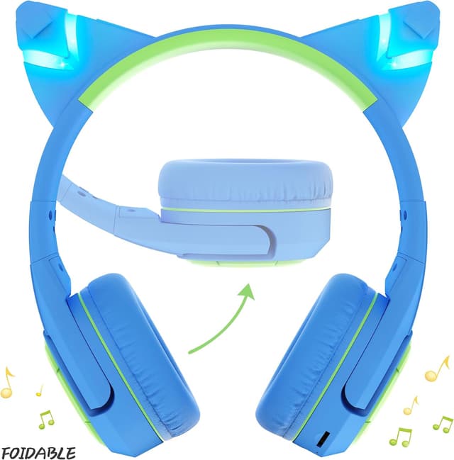Detalle 2 de Riwbox Kids Bluetooth Headphones CF9 with Cat Ear LED Lights, Detachable 360° Boom Mic and 85dB Limit (blue & green)
