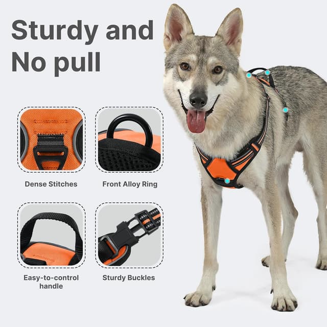 Detalle de Belababy Adjustable Reflective No Pull Dog Harness (Front Clip) with Control Handle, Orange, Size M
