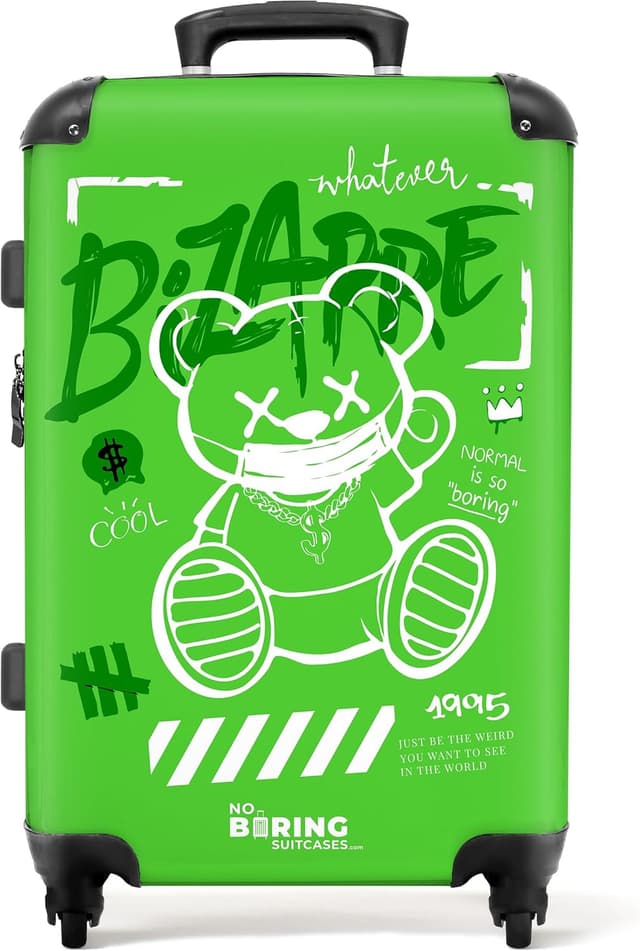 Detalle de Valigia grande rigida NoBoringSuitcases.com con serratura TSA, trolley medio e design Orsetto di Peluche verde