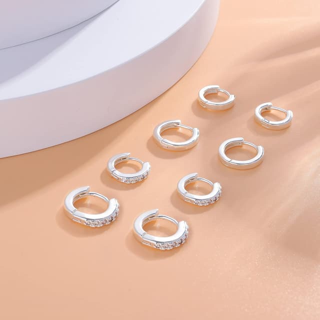 Detalle de MOROTOLE 4 Paar kleine Creolen & Huggie-Ohrringe aus 925 Silber (Set) mit Zirkonia