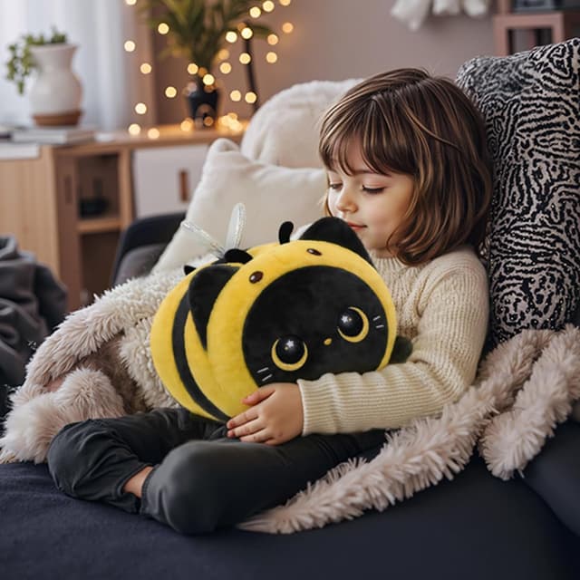 Detalle de MeWaii 16” Soft Black Cat with Bee Headgear Plush Pillow – squishy cuddle toy
