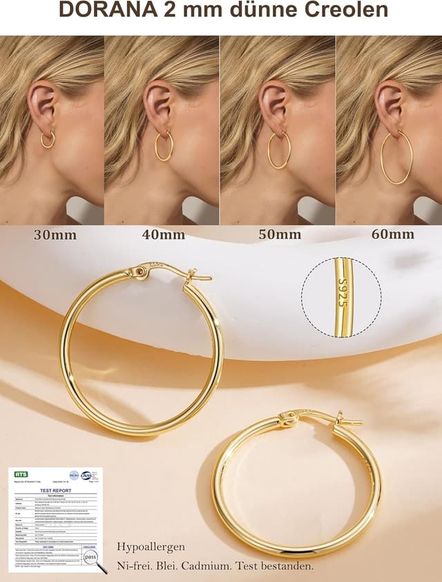 Detalle de DORANA 2 mm dünne große Creolen für Damen (Silber 925, hypoallergen, nicht anlaufend) in Größen 20–70 mm