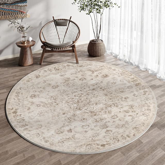 Detalle de HUGEAR Vintage Beige waschbarer runder Teppich (150 cm) – kurzflorig, rutschfest für Wohnzimmer, Schlafzimmer & mehr