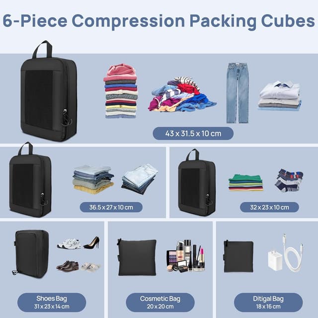 Detalle de Carttiya Compression Packing Cubes (Black) – Expandable travel organisers, 6-pack