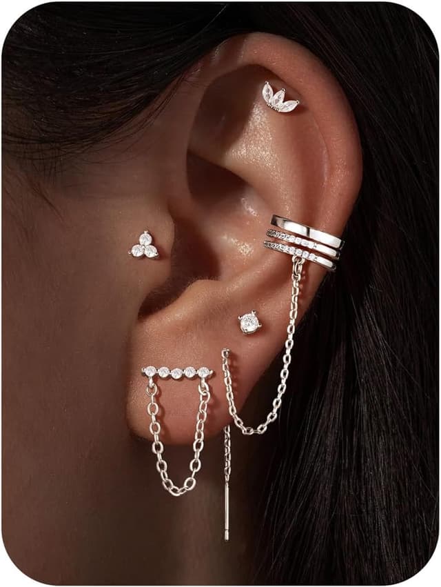 Detalle de Turandoss 6 Paar Ohrringe Set (Silber/Gold, 14K vergoldet) für Damen – Ohrstecker & Ear Cuff mit Kette