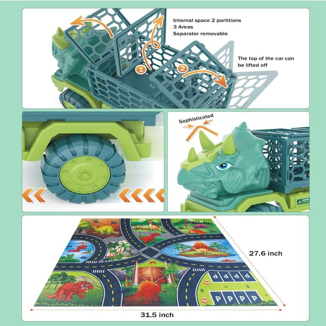 Detalle de Dinosaur Truck Toys for Kids (Triceratops) with 15 Dino Figures, Activity Play Mat & Dinosaur Eggs Set
