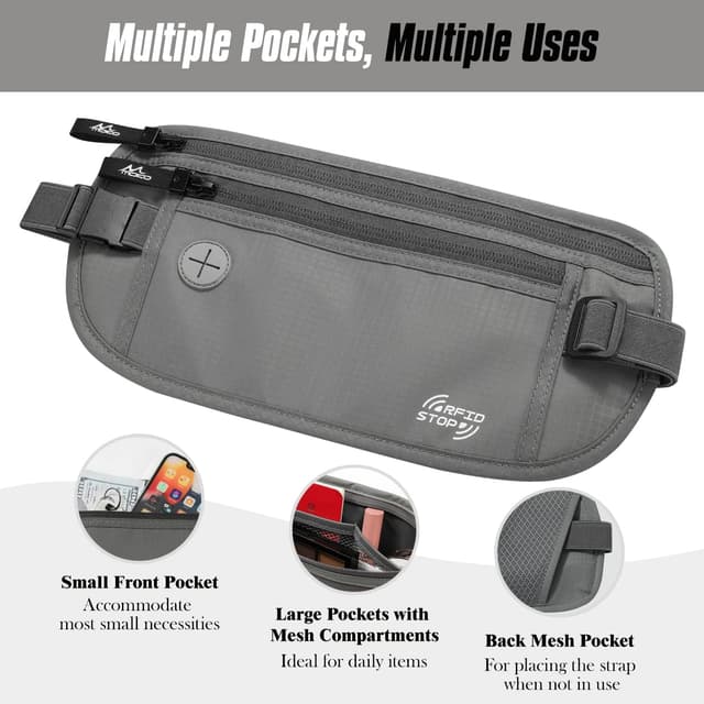 Detalle de MoKo Secure Money Belt for Travel (RFID Block) – Grey hidden under-clothes wallet