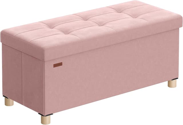Detalle de Songmics Pouf contenitore cassapanca pieghevole LSF0517R01 in velluto rosa pastello, 77 L