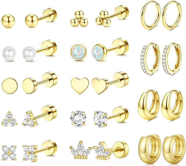 Detalle de TINGN 14 Paar Ohrringe Set mit flachem Verschluss aus 316L-Edelstahl (chirurgischer Stahl), vergoldete Creolen & Ohrstecker