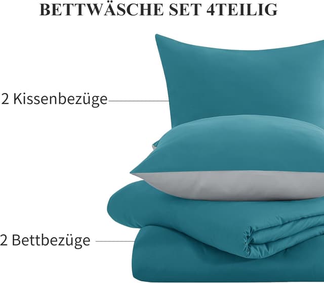 Thumbnail 6 de Aisbo Bettwäsche 135x200 4-teilig Türkis Grau (Wendebettwäsche, ÖKO‑TEX, Mikrofaser)