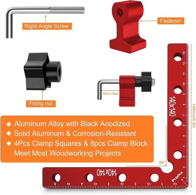 Detalle de Preciva 90 Degree Right Angle Positioning Square Clamp (Aluminium Alloy) – 14cm set, red anodised – 2 sets