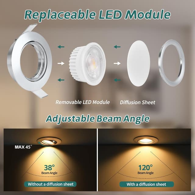 Detalle de KYOTECH LED Einbaustrahler dimmbar 5 W, IP44, 6er-Set (68–75 mm), 3000K/4000K/6500K, 45° schwenkbar