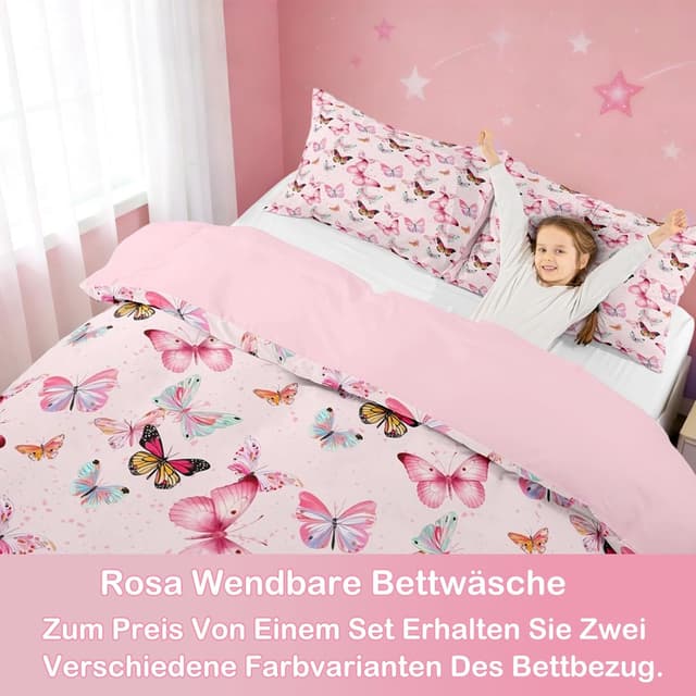 Detalle de Homewish Mädchen Bettwäsche-Set 135 x 200 cm (2-teilig) „Süße Schmetterlinge“ – rosa
