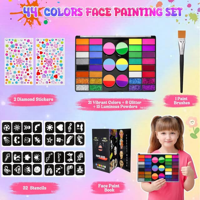 Detalle de Gigmeta Kinderschminke Set – 44 Gesichtsfarben mit Pinsel, Schablonen und Diamant-Stickern