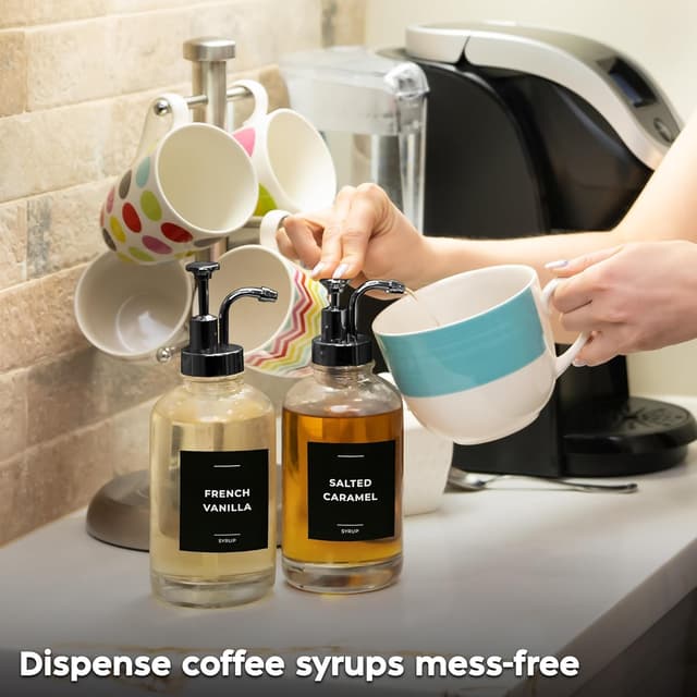 Detalle 2 de Spaceneat Coffee Syrup Dispenser with Pump (Glass, 500 ml) – Set of 4 with 24 flavour labels, cleaning brush & funnel