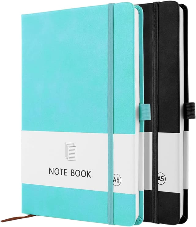 Detalle de A5 Notebook 2-Pack (Hardback) with Elastic Closure, Bookmark, Pen Loop — Black + Cyan