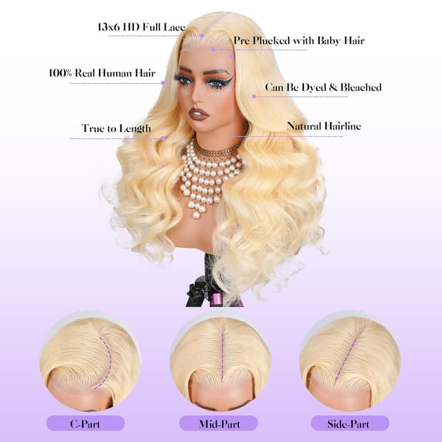 Detalle 2 de 613 13x6 Lace Front Wig (Human Hair) 250 Density, 30 Inch Body Wave Blonde HD Lace Frontal