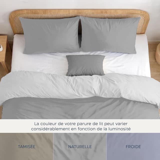 Detalle de Twinzen Parure de lit 220x240 réversible en microfibre grise claire/blanc avec 2 taies 65x65